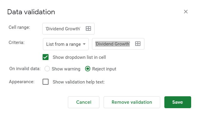 dividend growth data validation box