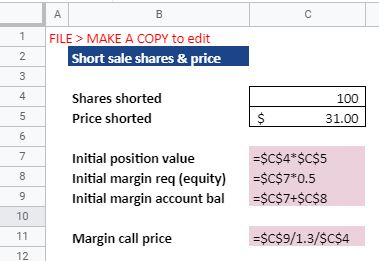 short sale shares and price excel calculations